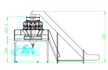 8工位400型给袋式包装机+提升机+14头组合秤生产线示意图 CAD平面图