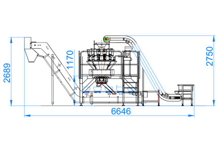 大倾角提升机+14头电脑组合秤+平台+碗式提升机示意图 CAD平面图