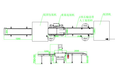 饭团生产线，重量选别机示意图 CAD平面图