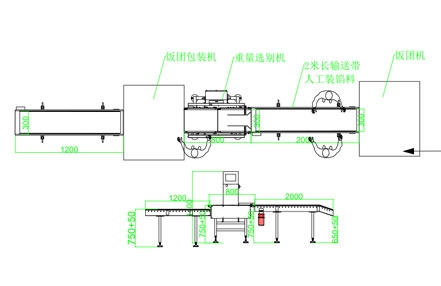 饭团生产线，重量选别机示意图 CAD平面图